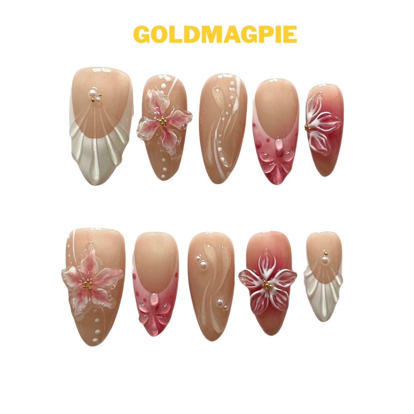 Carved Floral White-Nude-Pink Medium Almond C12