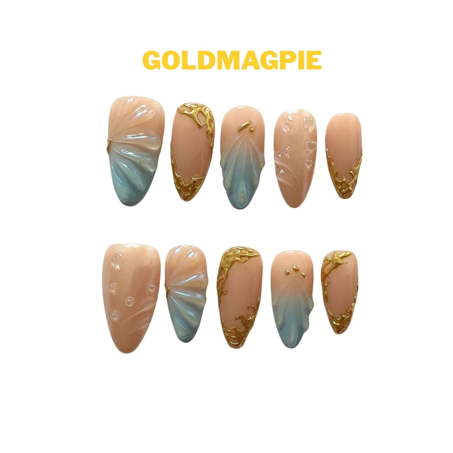 Carved Floral Gold & Light Blue Medium Almond C14